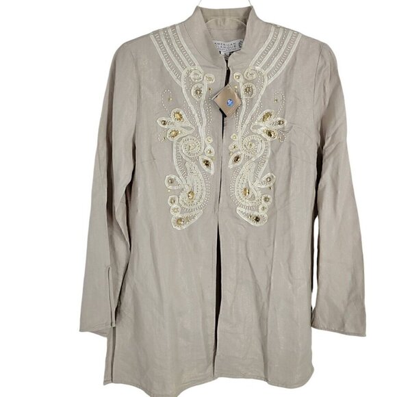 Linen Embellished Jacket Medium Shimmer Lagenlook embroidered beachy artsy - Picture 1 of 4